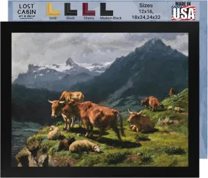 Lost Cabin Cattle & Sheep in an Alpine Landscape by Rosa Bonheur | Print in Black Flat Frame | Fine Artwork Painting Reproduction | Framed Wall Art Decor Poster Gift | Image: 12x16 Frame: 13.5x17.5