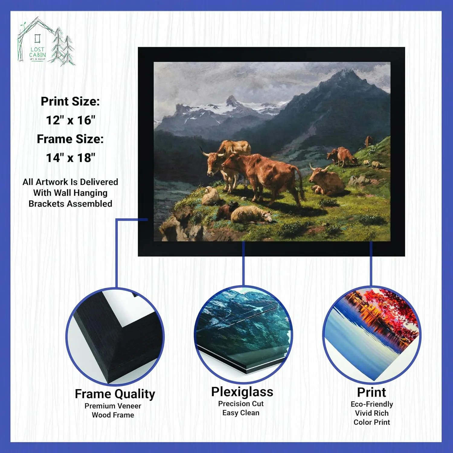 Lost Cabin Cattle & Sheep in an Alpine Landscape by Rosa Bonheur | Print in Black Flat Frame | Fine Artwork Painting Reproduction | Framed Wall Art Decor Poster Gift | Image: 12x16 Frame: 13.5x17.5