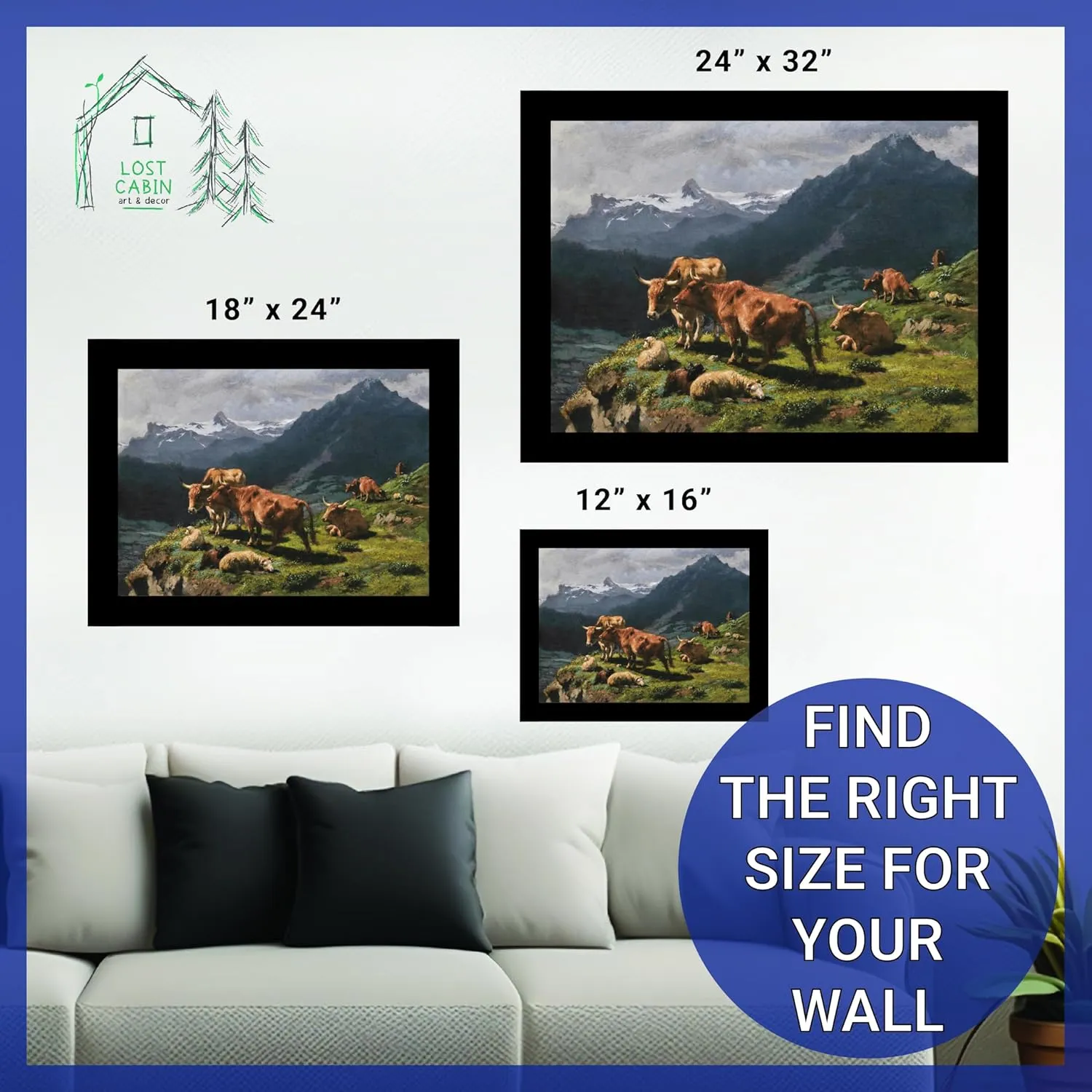 Lost Cabin Cattle & Sheep in an Alpine Landscape by Rosa Bonheur | Print in Black Flat Frame | Fine Artwork Painting Reproduction | Framed Wall Art Decor Poster Gift | Image: 12x16 Frame: 13.5x17.5