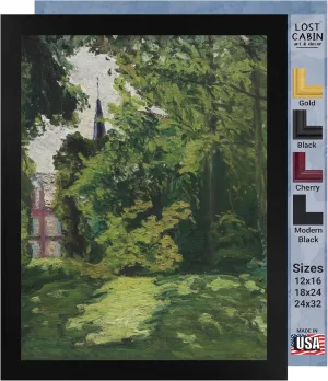 Lost Cabin Garden & Chapel at Blainville 1902 by Marcel Duchamp | Print in Black Flat Frame | Fine Artwork Painting Reproduction | Framed Wall Art Decor Poster Gift | Image: 12x16 Frame: 13.5x17.5