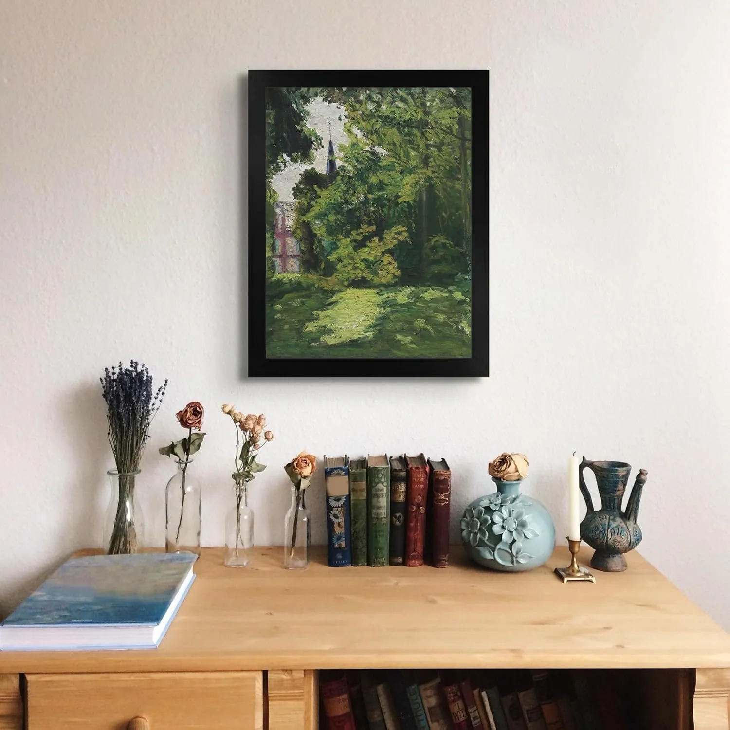 Lost Cabin Garden & Chapel at Blainville 1902 by Marcel Duchamp | Print in Black Flat Frame | Fine Artwork Painting Reproduction | Framed Wall Art Decor Poster Gift | Image: 12x16 Frame: 13.5x17.5