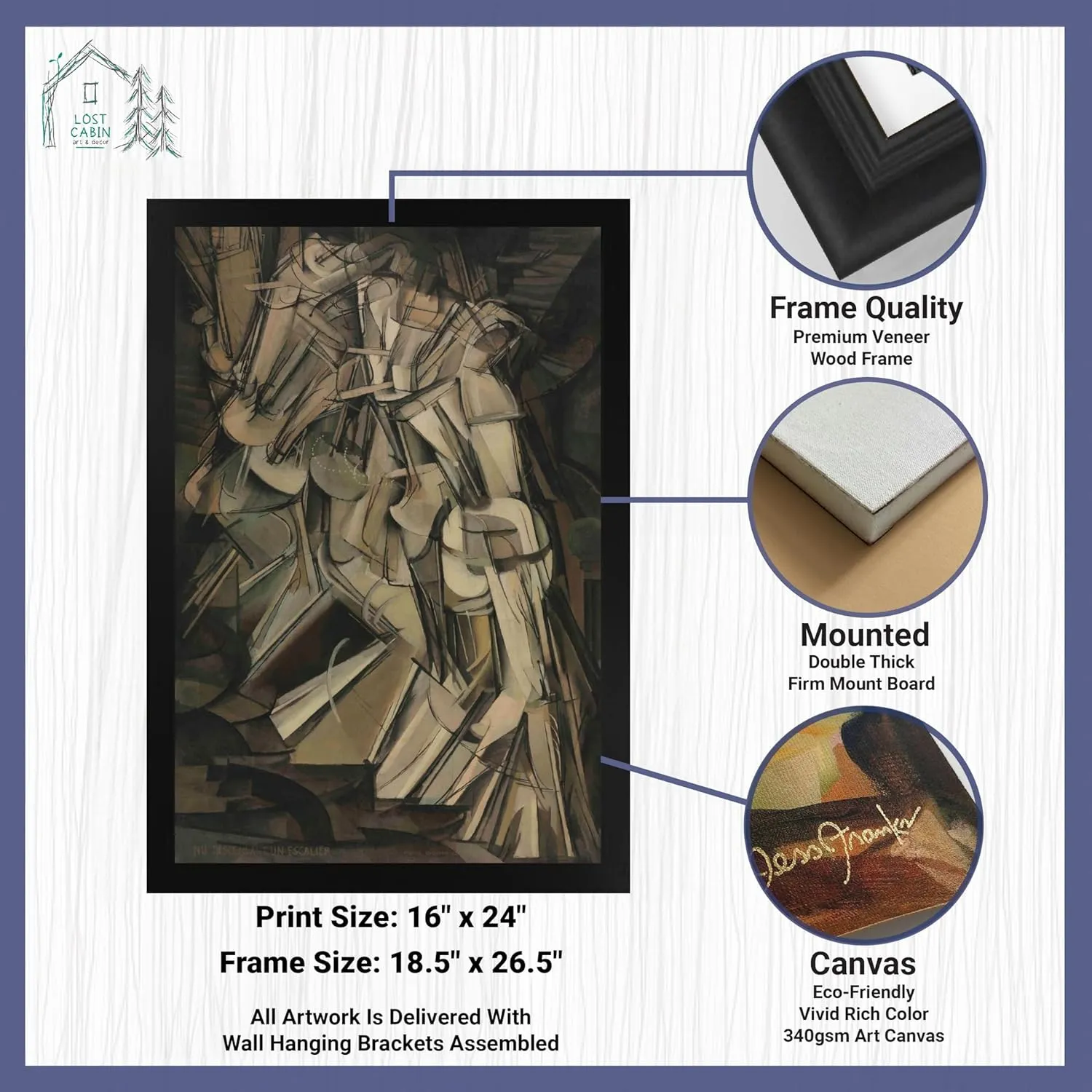 Lost Cabin Nude Descending a Staircase Number 2 by Marcel Duchamp | Canvas Black Flat Frame | Fine Artwork Painting Reproduction | Framed Wall Art Decor Poster | Image: 16x24 Frame: 18x26