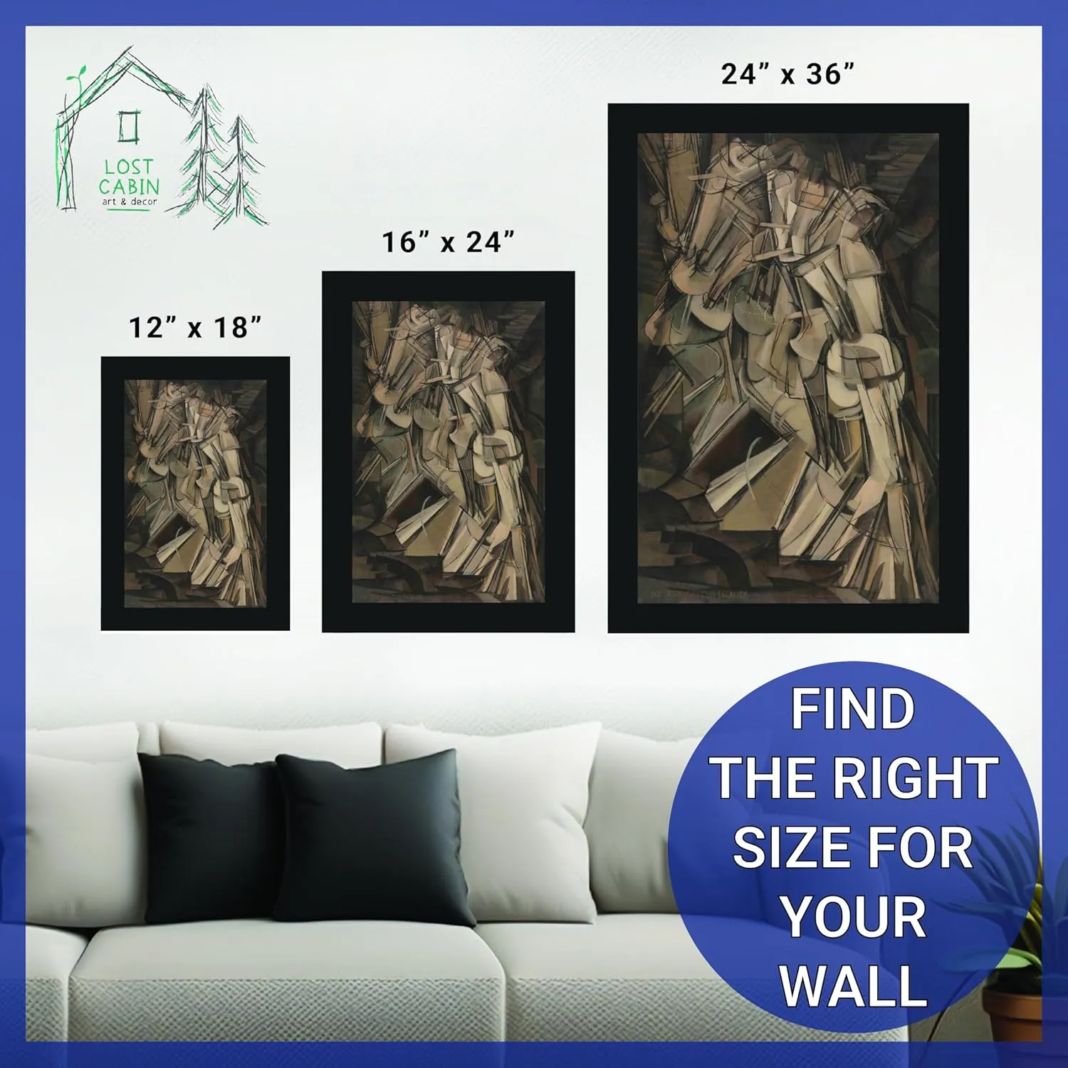 Lost Cabin Nude Descending a Staircase Number 2 by Marcel Duchamp | Canvas Black Flat Frame | Fine Artwork Painting Reproduction | Framed Wall Art Decor Poster | Image: 16x24 Frame: 18x26