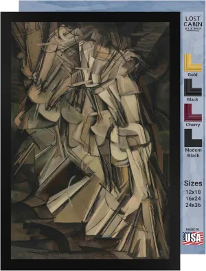 Lost Cabin Nude Descending a Staircase Number 2 by Marcel Duchamp | Print Black Flat Frame | Fine Artwork Painting Reproduction | Framed Wall Art Decor Poster | Image: 12x18 Frame: 14x20