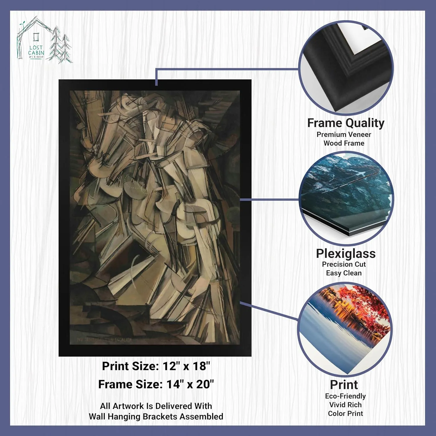 Lost Cabin Nude Descending a Staircase Number 2 by Marcel Duchamp | Print Black Flat Frame | Fine Artwork Painting Reproduction | Framed Wall Art Decor Poster | Image: 12x18 Frame: 14x20