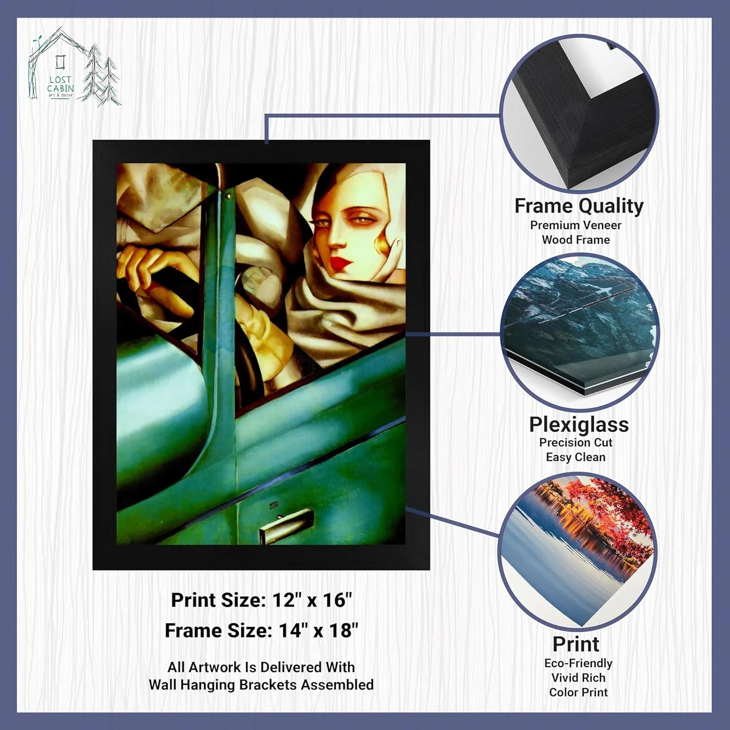 Lost Cabin Tamara Nun Bugatti Verde 1929 by Tamara de Lempicka | Print in Black Flat Frame | Fine Artwork Painting Reproduction | Framed Wall Art Decor Poster Gift | Image: 12x16 Frame: 13.5x17.5