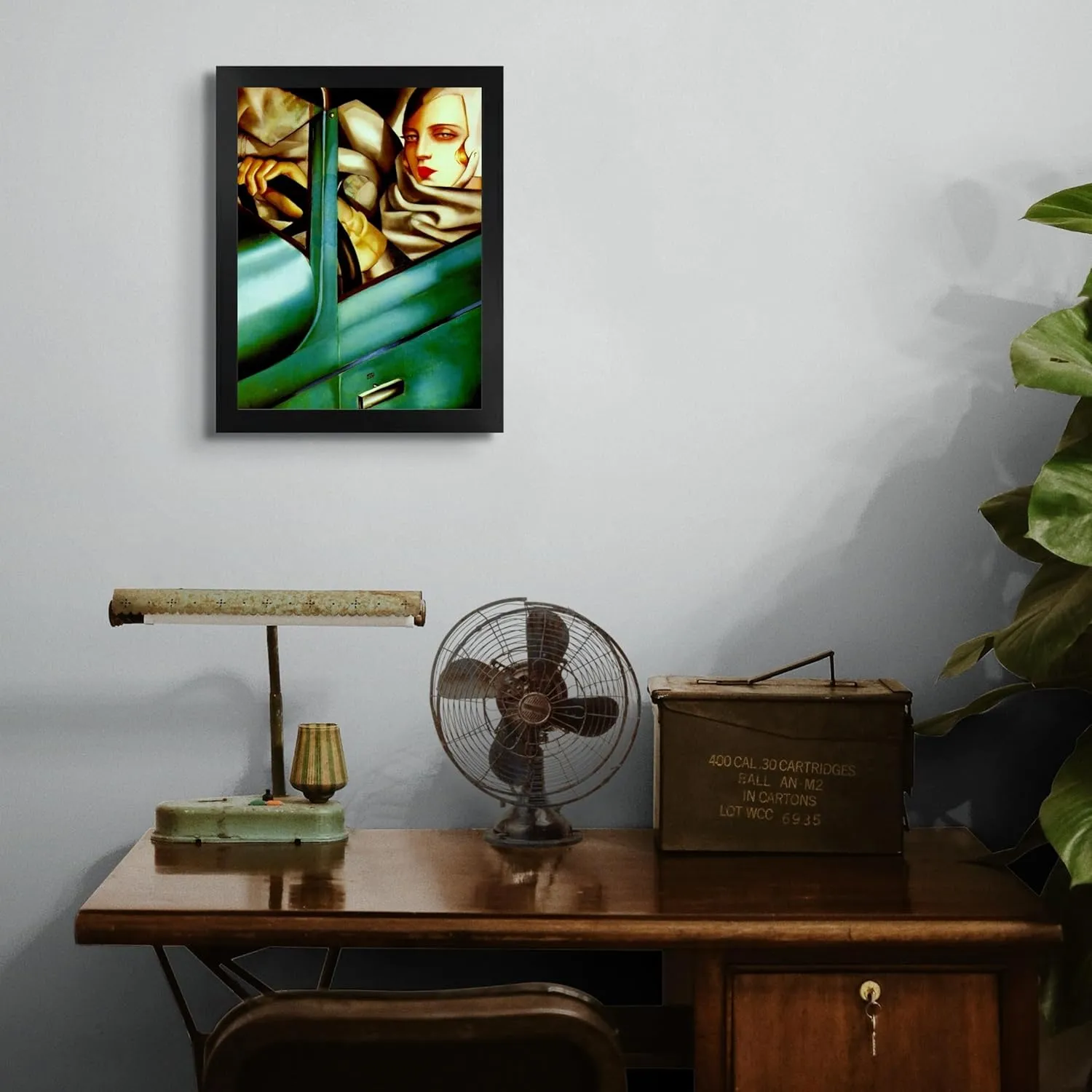 Lost Cabin Tamara Nun Bugatti Verde 1929 by Tamara de Lempicka | Print in Black Flat Frame | Fine Artwork Painting Reproduction | Framed Wall Art Decor Poster Gift | Image: 12x16 Frame: 13.5x17.5