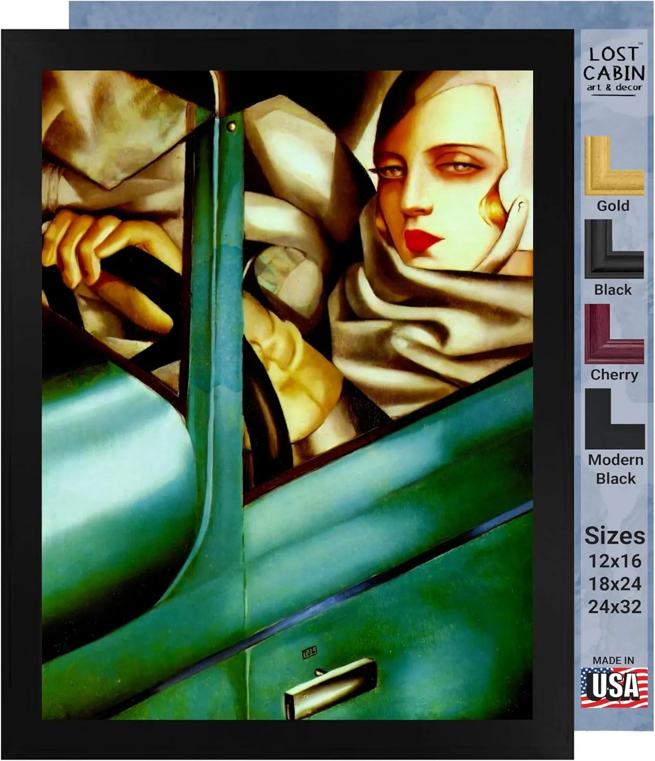 Lost Cabin Tamara Nun Bugatti Verde 1929 by Tamara de Lempicka | Print in Black Flat Frame | Fine Artwork Painting Reproduction | Framed Wall Art Decor Poster Gift | Image: 12x16 Frame: 13.5x17.5