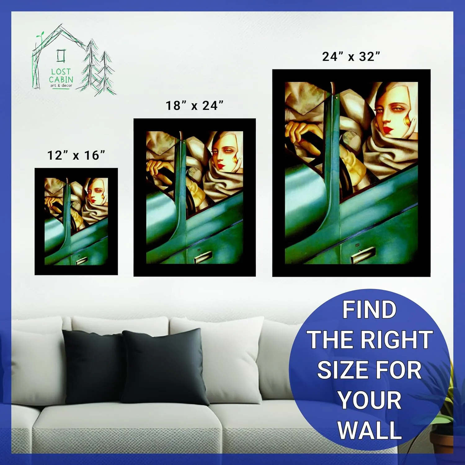 Lost Cabin Tamara Nun Bugatti Verde 1929 by Tamara de Lempicka | Print in Black Flat Frame | Fine Artwork Painting Reproduction | Framed Wall Art Decor Poster Gift | Image: 12x16 Frame: 13.5x17.5