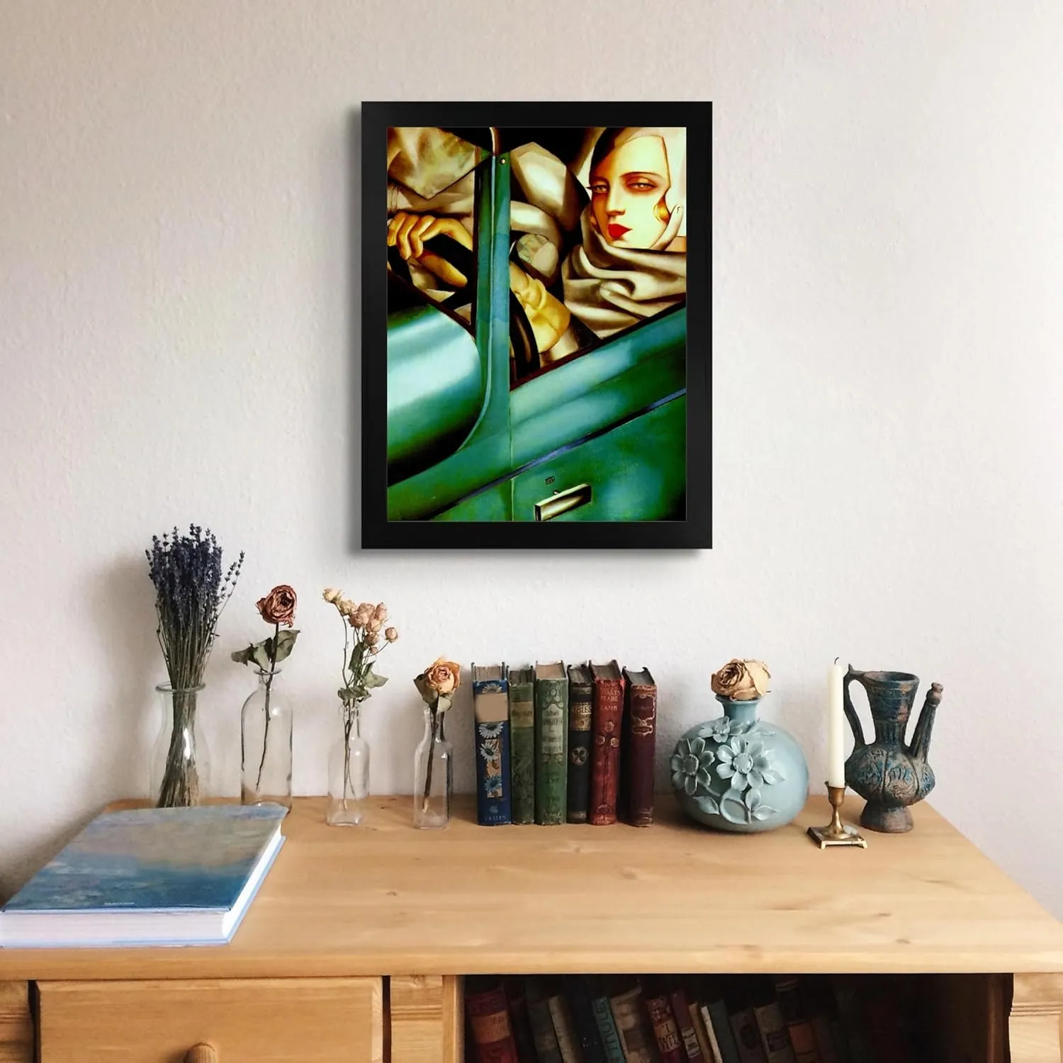 Lost Cabin Tamara Nun Bugatti Verde 1929 by Tamara de Lempicka | Print in Black Flat Frame | Fine Artwork Painting Reproduction | Framed Wall Art Decor Poster Gift | Image: 12x16 Frame: 13.5x17.5
