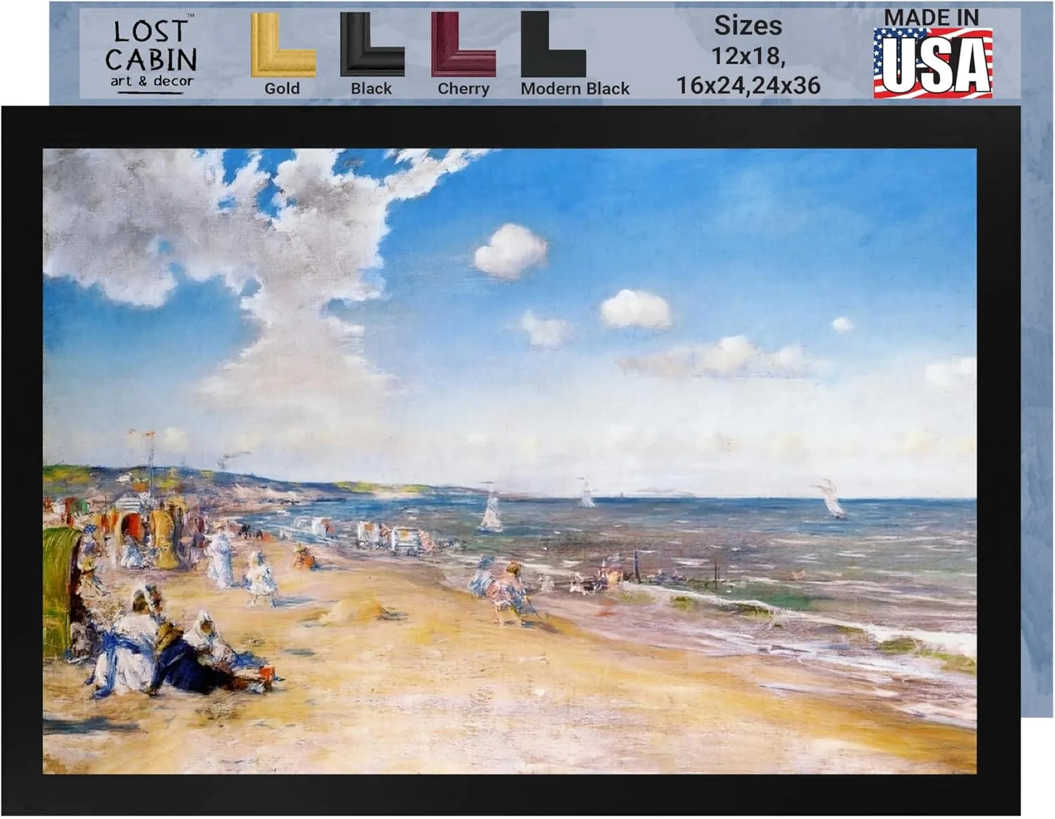 Lost Cabin The Beach at Zandvoort by William Merritt Chase | Print Black Flat Frame | Fine Artwork Painting Reproduction | Framed Wall Art Decor Poster | Image: 12x18 Frame: 14x20
