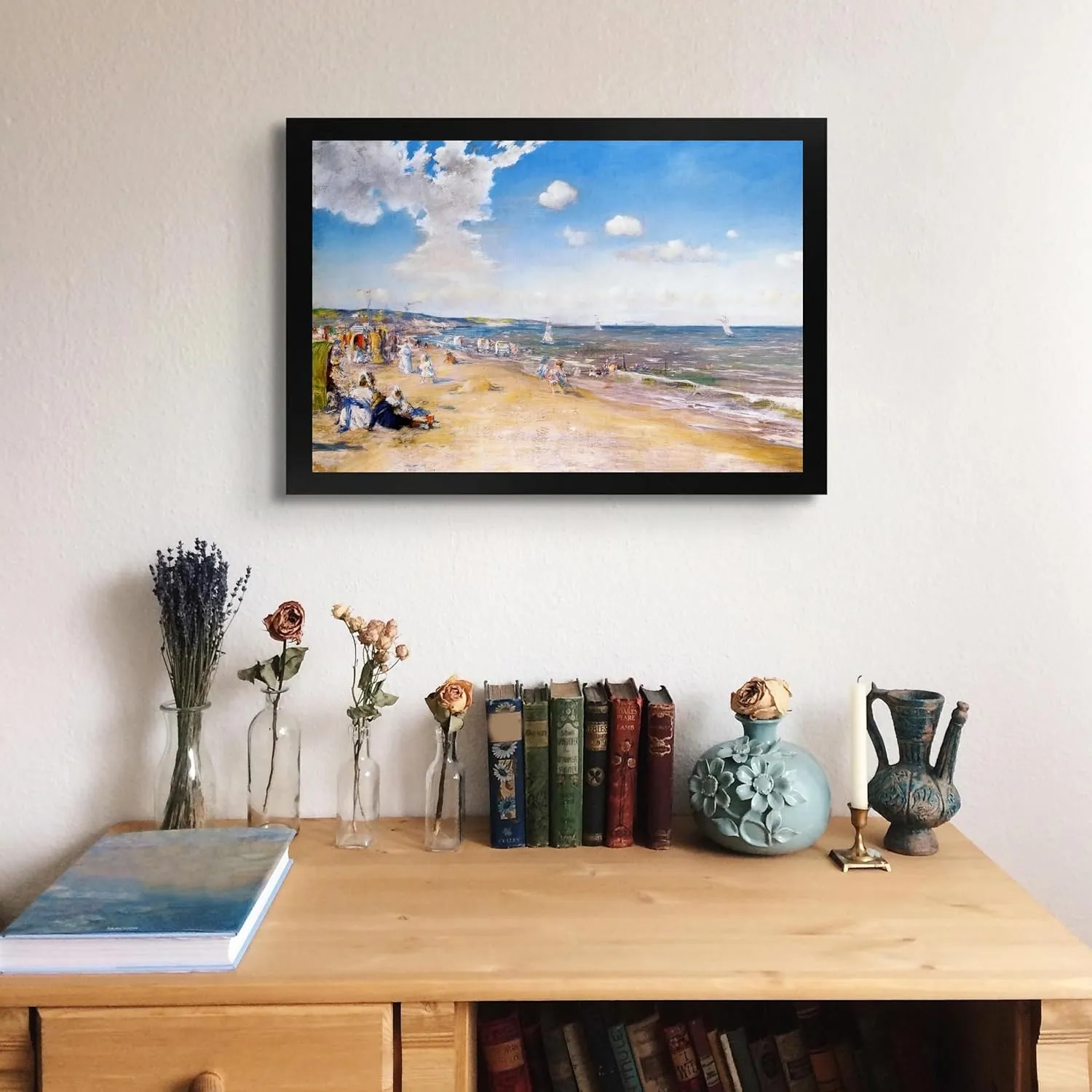 Lost Cabin The Beach at Zandvoort by William Merritt Chase | Print Black Flat Frame | Fine Artwork Painting Reproduction | Framed Wall Art Decor Poster | Image: 12x18 Frame: 14x20