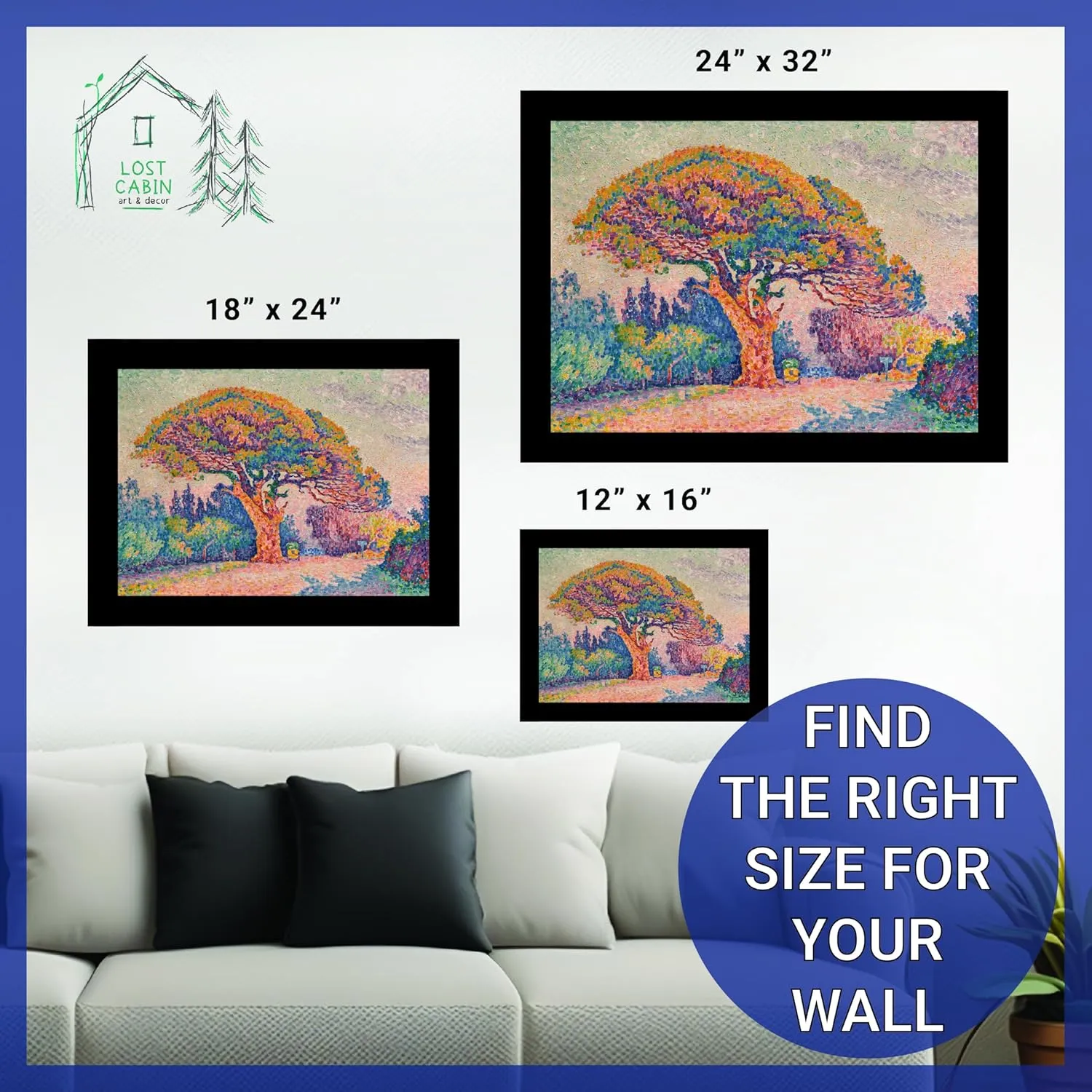Lost Cabin The Pine Tree at St Tropez 1909 by Paul Signac | Print in Black Flat Frame | Fine Artwork Painting Reproduction | Framed Wall Art Decor Poster Gift | Image: 12x16 Frame: 13.5x17.5