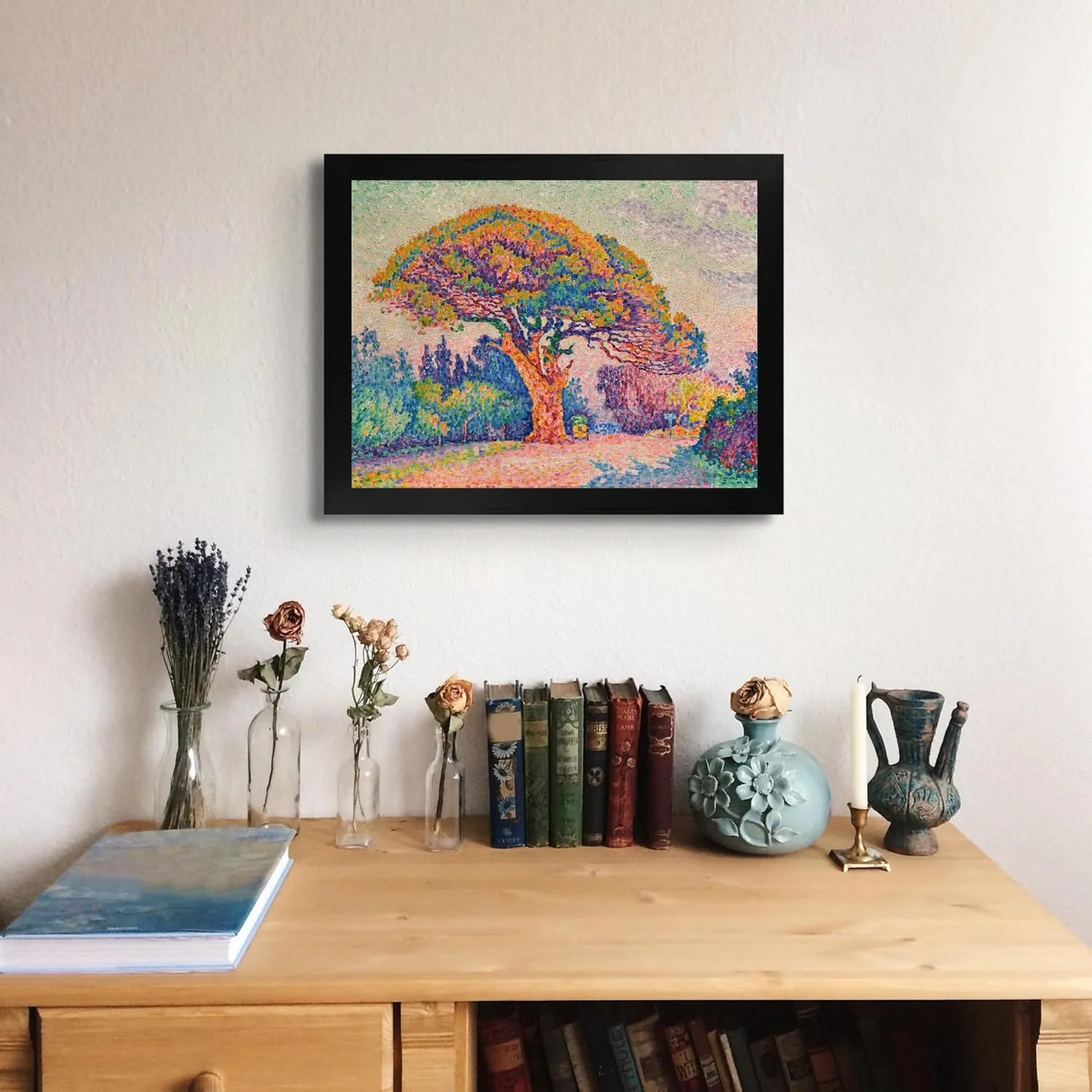 Lost Cabin The Pine Tree at St Tropez 1909 by Paul Signac | Print in Black Flat Frame | Fine Artwork Painting Reproduction | Framed Wall Art Decor Poster Gift | Image: 12x16 Frame: 13.5x17.5