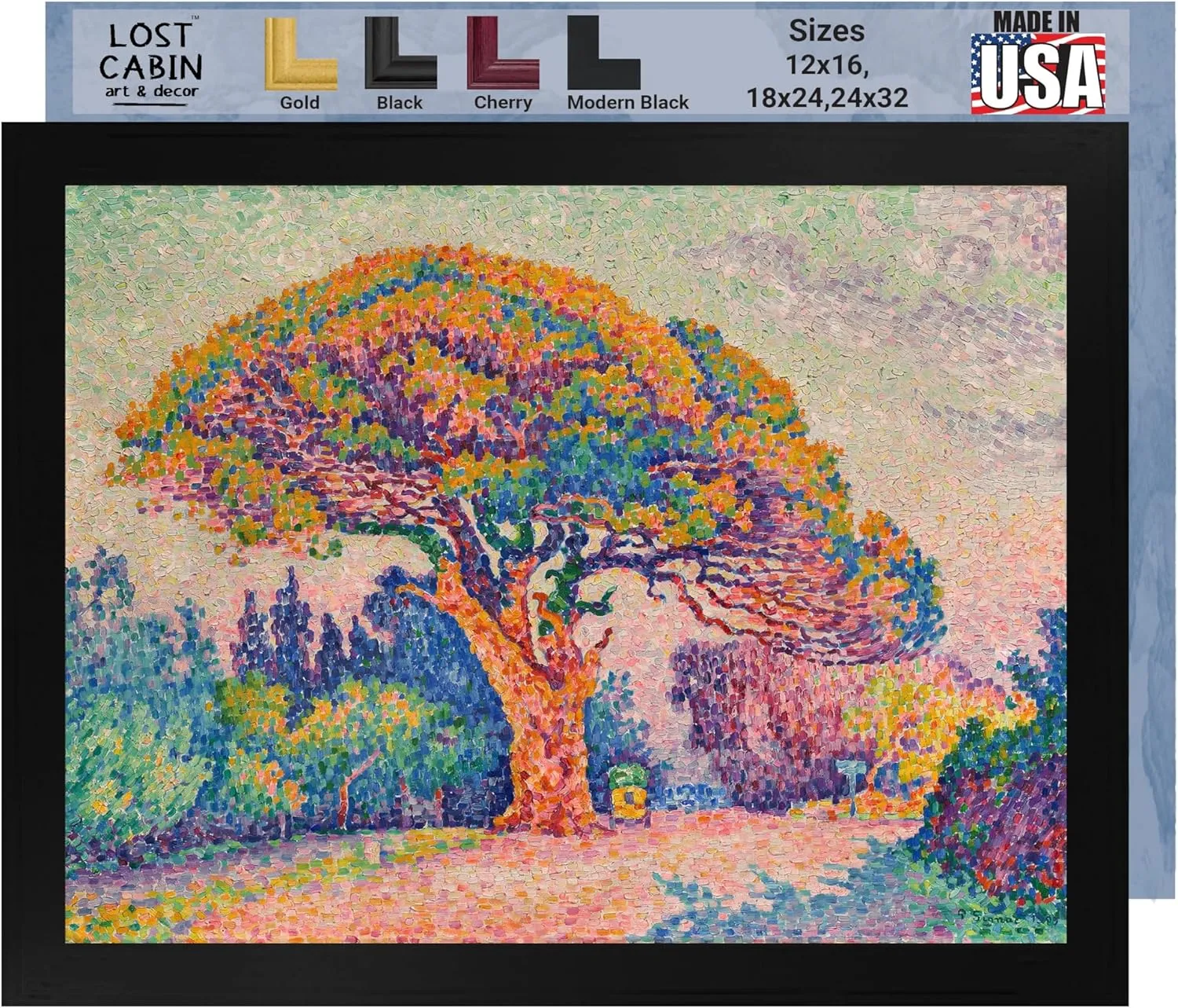 Lost Cabin The Pine Tree at St Tropez 1909 by Paul Signac | Print in Black Flat Frame | Fine Artwork Painting Reproduction | Framed Wall Art Decor Poster Gift | Image: 12x16 Frame: 13.5x17.5