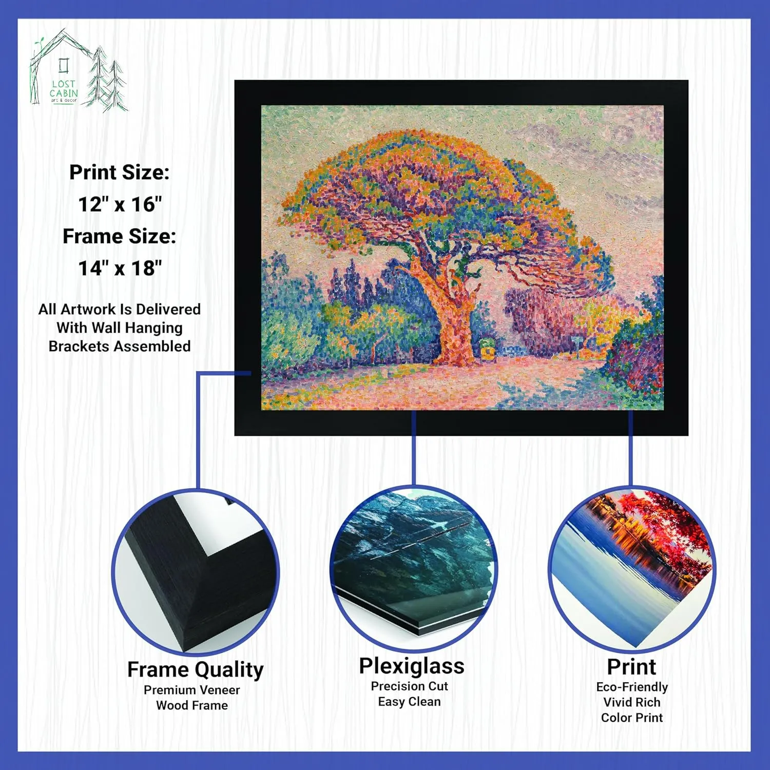 Lost Cabin The Pine Tree at St Tropez 1909 by Paul Signac | Print in Black Flat Frame | Fine Artwork Painting Reproduction | Framed Wall Art Decor Poster Gift | Image: 12x16 Frame: 13.5x17.5