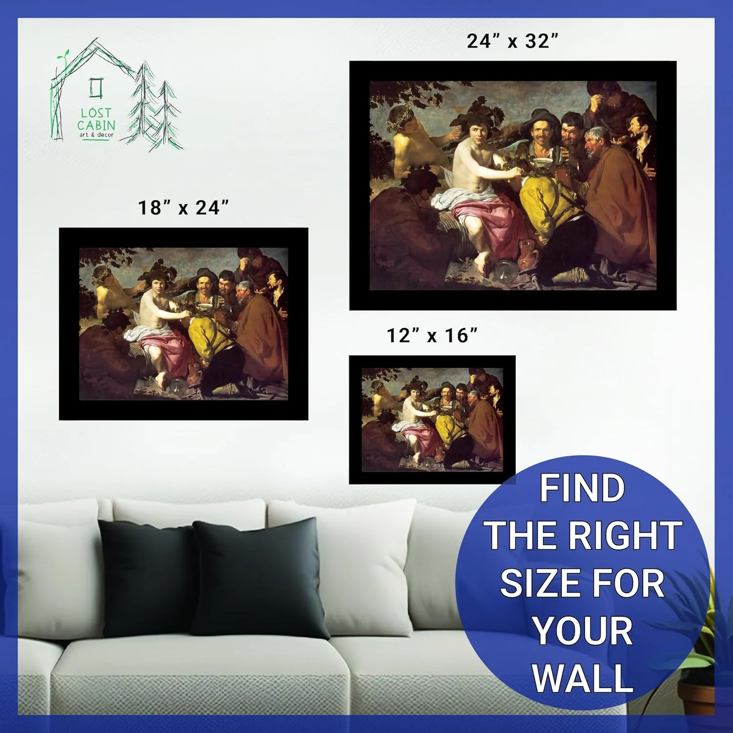 Lost Cabin Triumph of Bacchus by Diego Velazquez | Print in Black Flat Frame | Fine Artwork Painting Reproduction | Framed Wall Art Decor Poster Gift | Image: 12x16 Frame: 13.5x17.5