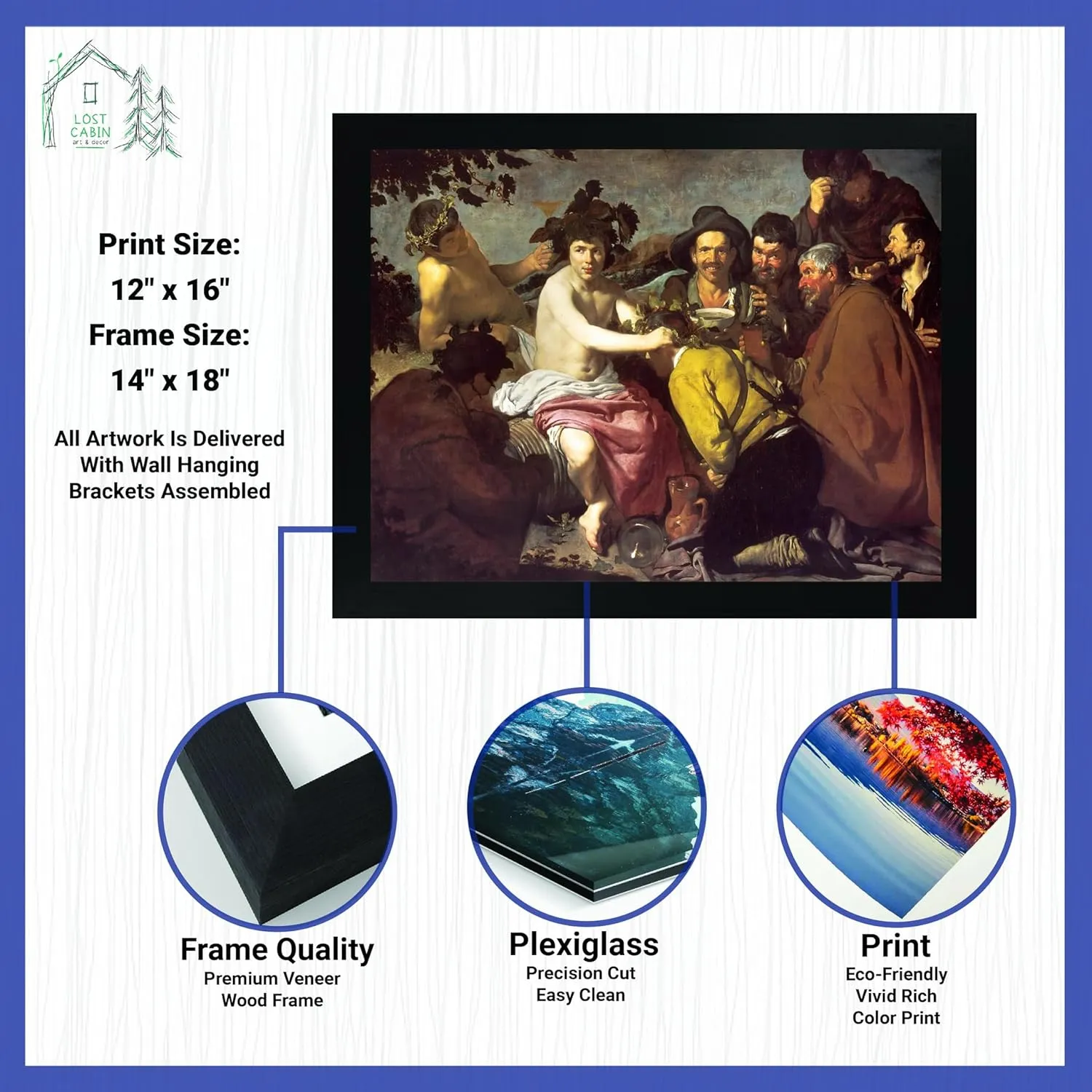 Lost Cabin Triumph of Bacchus by Diego Velazquez | Print in Black Flat Frame | Fine Artwork Painting Reproduction | Framed Wall Art Decor Poster Gift | Image: 12x16 Frame: 13.5x17.5