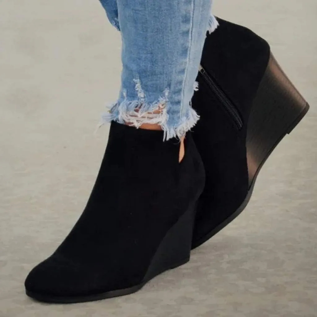 Low Heel Ankle Boots for Women Fashion Side Zipper Ankle Boots Stacked Wedge Heel Booties Ladies Brown Booties1