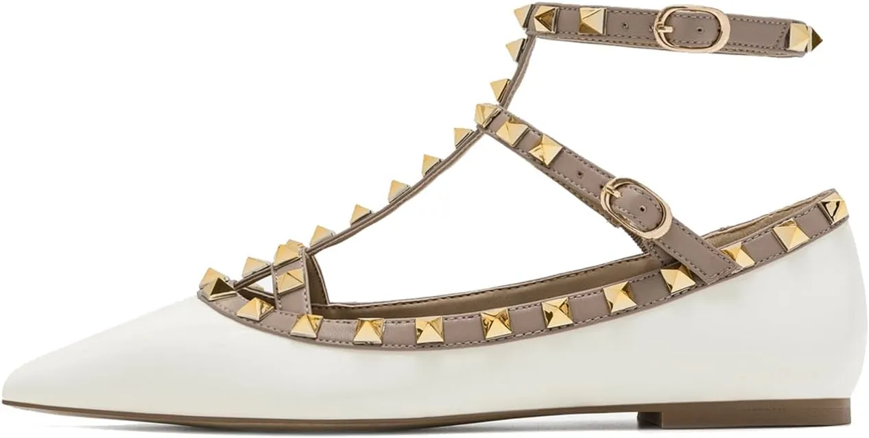 Lymphvity Women's Closed Pointed Toe Studs T-Strap Flat Shoes Fashion Adjustable Ankle Strap Rivet Gladiator Flats Dress Shoes for Work Party