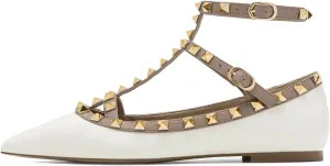 Lymphvity Women's Closed Pointed Toe Studs T-Strap Flat Shoes Fashion Adjustable Ankle Strap Rivet Gladiator Flats Dress Shoes for Work Party