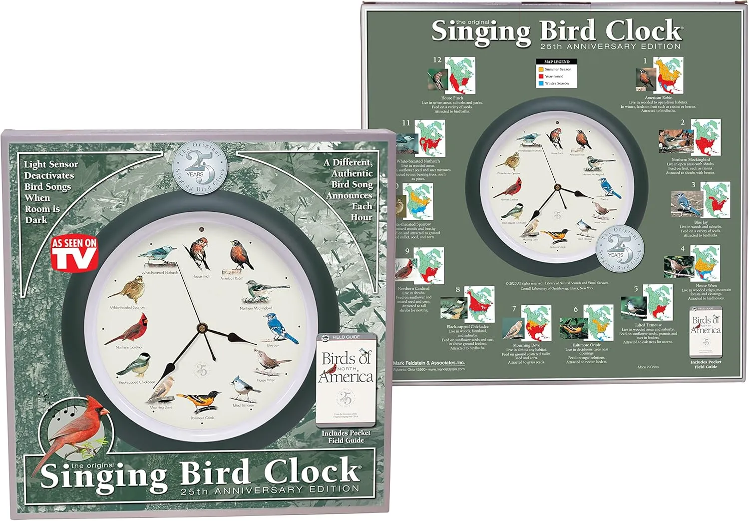 Mark Feldstein & Associates The Original Singing Bird Clock 25th Anniversary Edition, As Seen On TV (13 Inch, Matte Green)