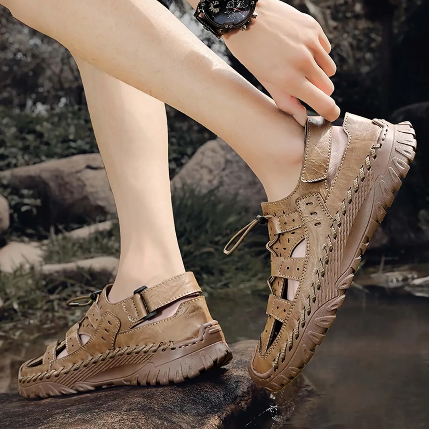 Men's Cowhide Closed Toe Sandals Sports Casual Handmade Sandals Adjustable Slip On Walking Shoes Slip Resistant Outdoor Climbing Off-Road Camping Shoes