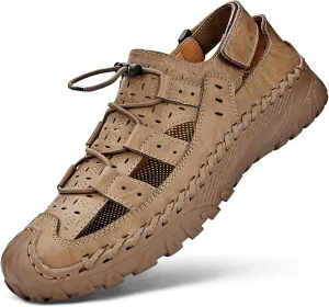 Men's Cowhide Closed Toe Sandals Sports Casual Handmade Sandals Adjustable Slip On Walking Shoes Slip Resistant Outdoor Climbing Off-Road Camping Shoes