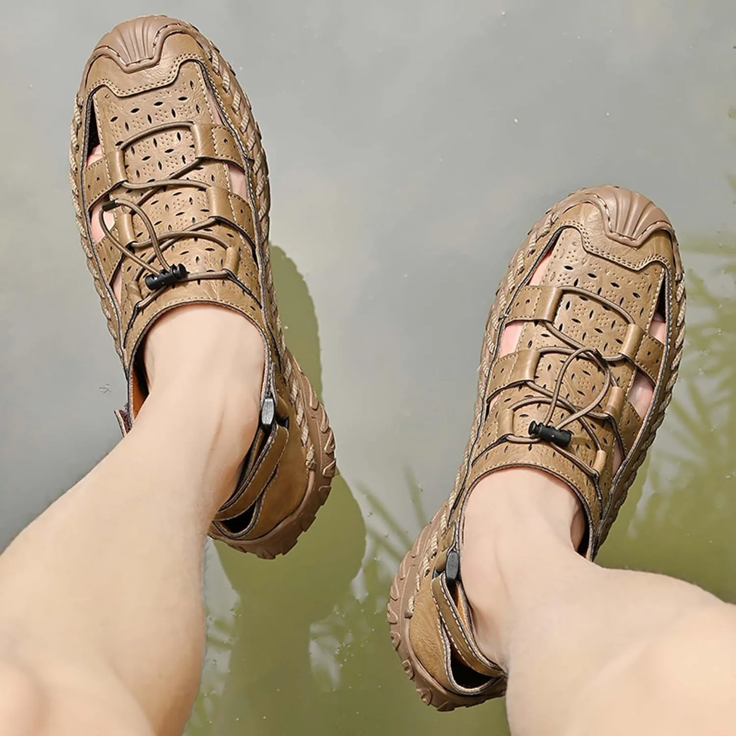 Men's Cowhide Closed Toe Sandals Sports Casual Handmade Sandals Adjustable Slip On Walking Shoes Slip Resistant Outdoor Climbing Off-Road Camping Shoes