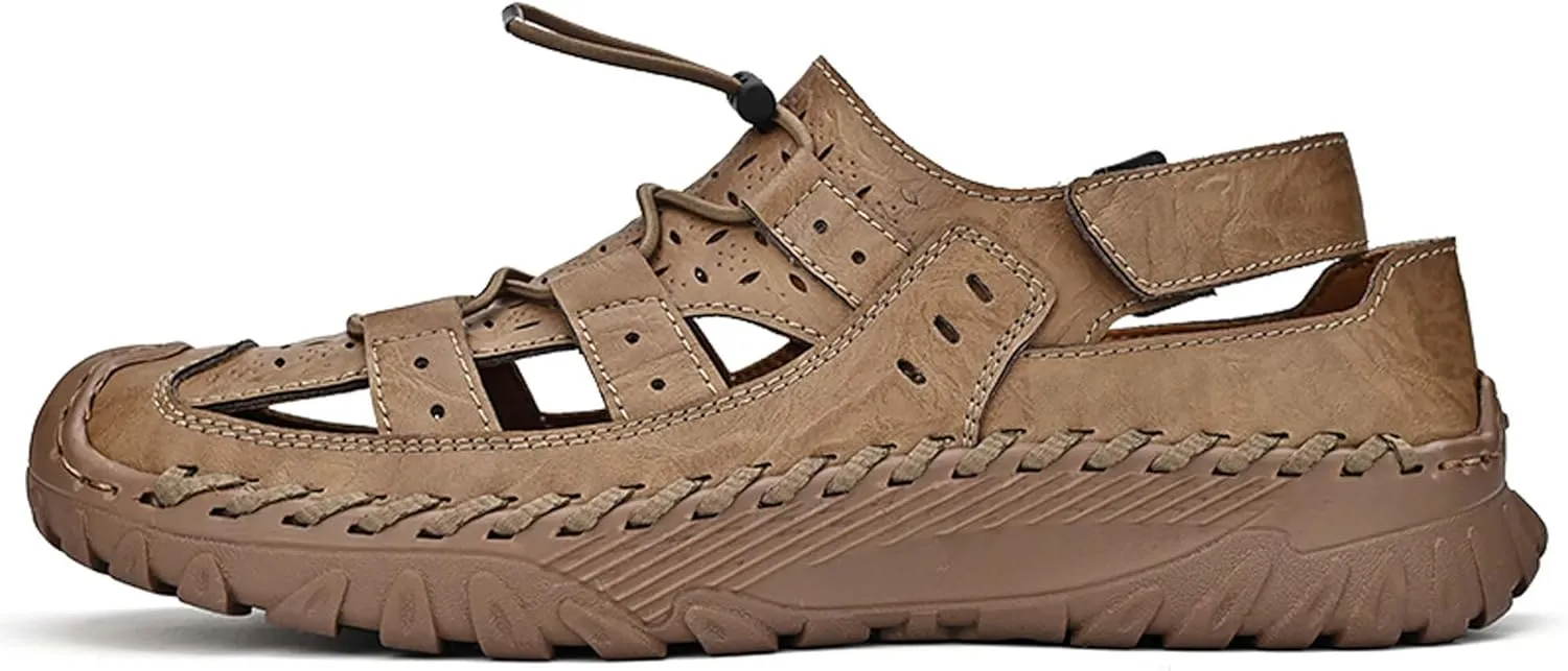 Men's Cowhide Closed Toe Sandals Sports Casual Handmade Sandals Adjustable Slip On Walking Shoes Slip Resistant Outdoor Climbing Off-Road Camping Shoes