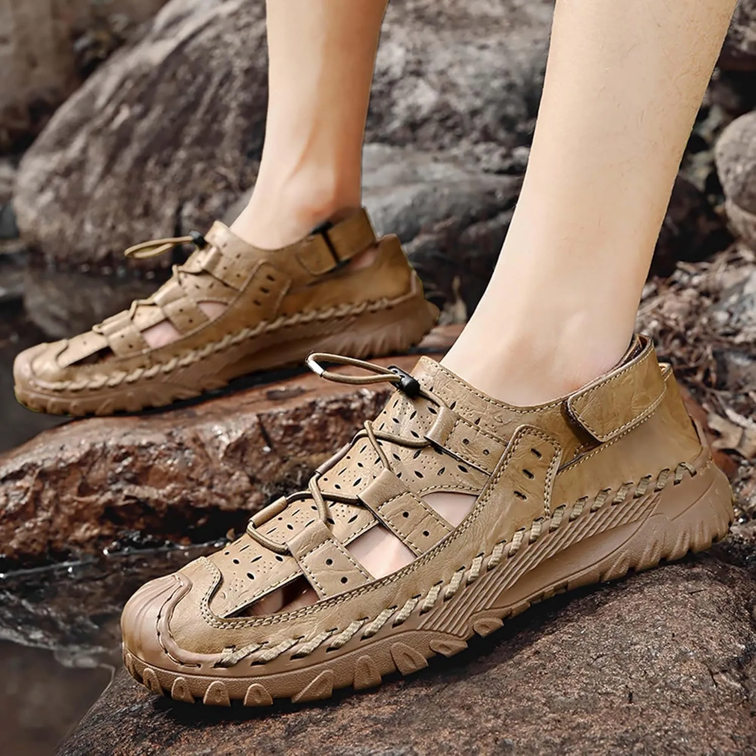 Men's Cowhide Closed Toe Sandals Sports Casual Handmade Sandals Adjustable Slip On Walking Shoes Slip Resistant Outdoor Climbing Off-Road Camping Shoes
