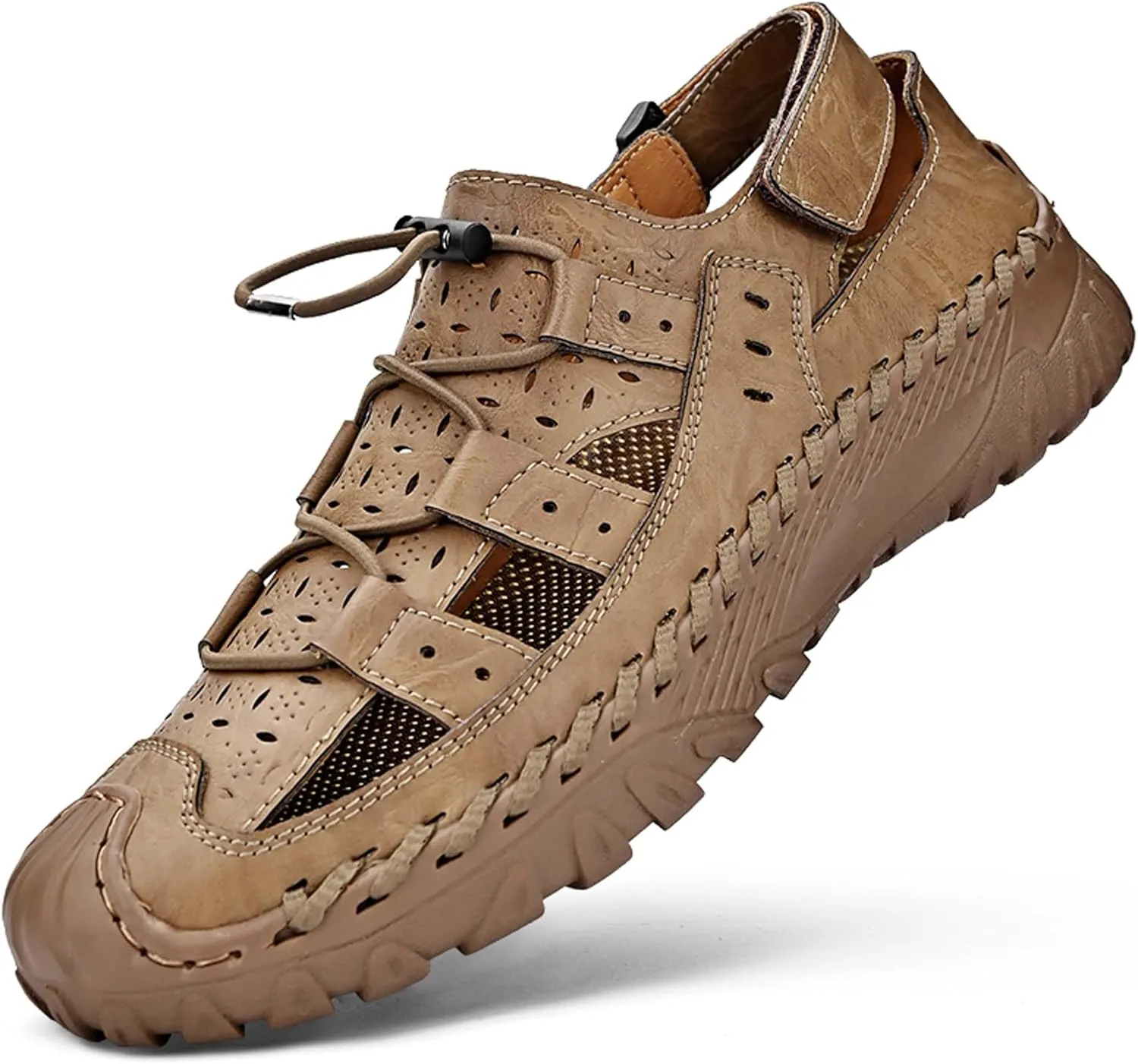 Men's Cowhide Closed Toe Sandals Sports Casual Handmade Sandals Adjustable Slip On Walking Shoes Slip Resistant Outdoor Climbing Off-Road Camping Shoes