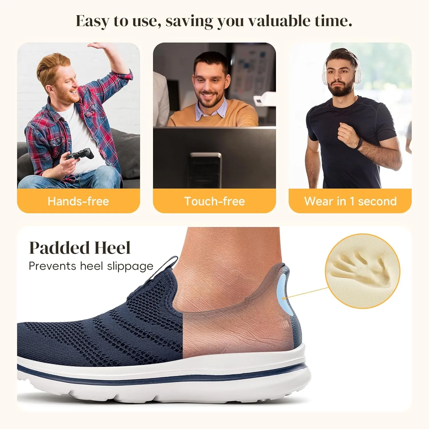 Men's Hands-Free Slip On Sneakers | Laceless Walking Shoes for Gym/Travel/Office