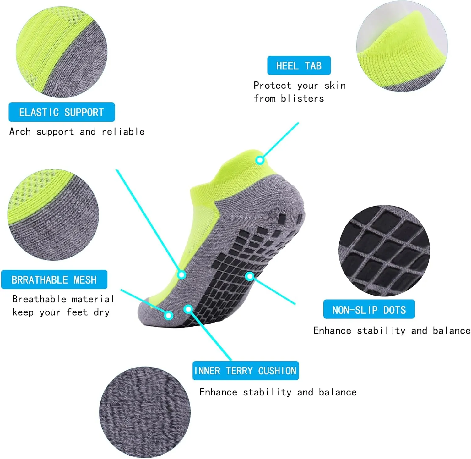 Men’s Non Slip Socks with Grips Yoga Pilates Anti Skid Athletic Ankle Gym Home Thick Cushioned Socks 4 Pairs
