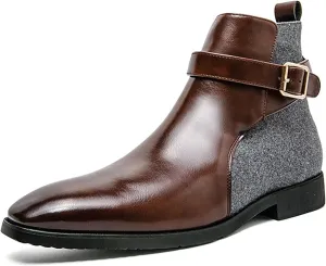 Men's Pointed Toe Slip on Chelsea Boots,Classic Leather Stitching Adjustment Buckle Retro High-top Dress Shoes Ankle Boots