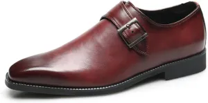 Mens Retro Comfort Slip On Monk Buckle Loafers Pointed-Toe Low Heel Polishing Leather Formal Tuxedo Shoes Fashion Business Dress Oxford Shoes