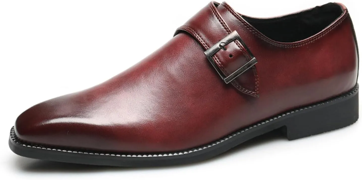 Mens Retro Comfort Slip On Monk Buckle Loafers Pointed-Toe Low Heel Polishing Leather Formal Tuxedo Shoes Fashion Business Dress Oxford Shoes