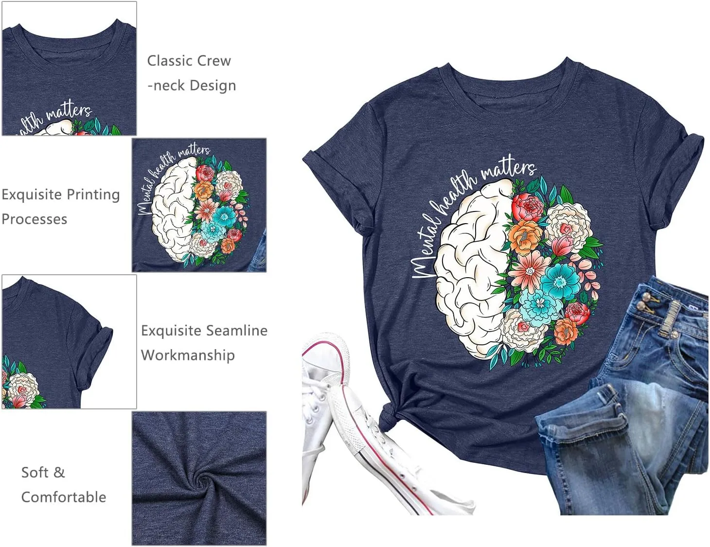 Mental Health Matters Shirt Women: Human Brain Illness Awareness Tops Inspirational Tee Casual Short Sleeve T Shirt