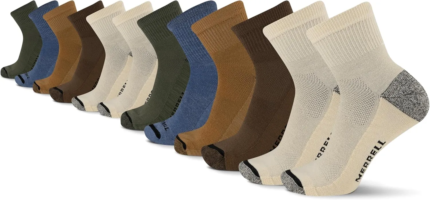 Merrell Men's and Women's Everyday Outdoor Crew Socks-6 & 12 Pairs-Cushioned Breathable Mesh