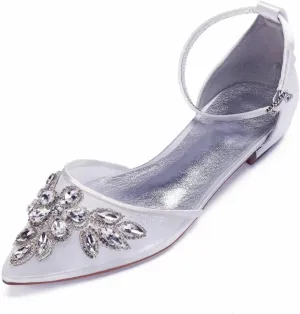 Mesh Rhinestones Wedding Flats for Bride Pointed Toe Formal Party Dress Shoes Flat