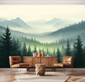 Misty Forest Nature Mountain Watercolor Landscape Green Pine Trees Wall Mural Peel & Stick Wallpaper Removable Self-Adhesive Large Wall Sticker Wall Decor for Bedroom Living Room Nursery 69"x96"