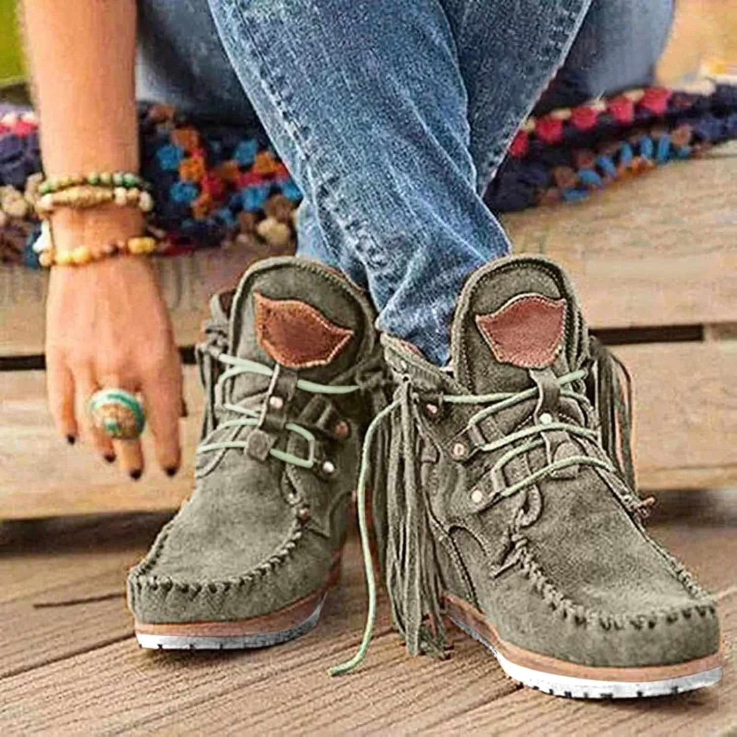 Moccasin Boots For Women Suede Fringe Boots Ankle Cowboy Boots Flat Tassel Boots Short Western Boots Ankle Booties