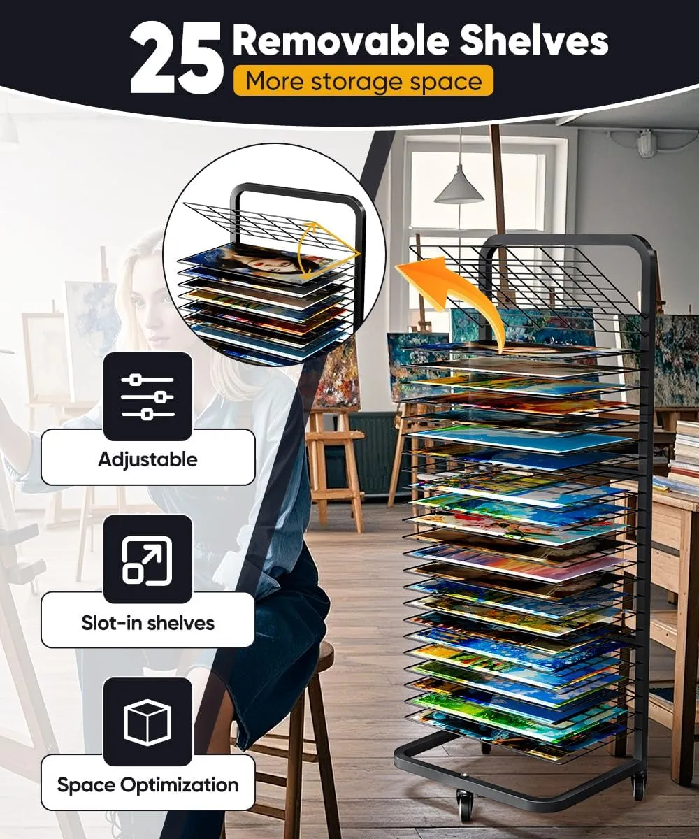 mocomax Art Drying Rack for Painting, Metal Paint Drying Stand with 25 Removable Shelves, Movable Paint Drying Rack with Lockable Wheels, Art Canvas Storage Rack for Classrooms & Art Studios, Black