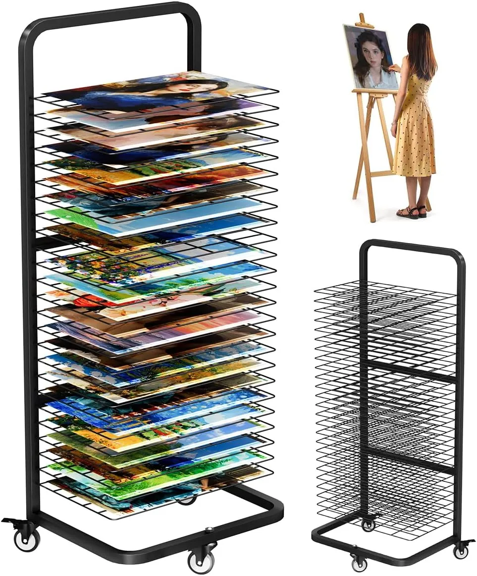 mocomax Art Drying Rack for Painting, Metal Paint Drying Stand with 25 Removable Shelves, Movable Paint Drying Rack with Lockable Wheels, Art Canvas Storage Rack for Classrooms & Art Studios, Black