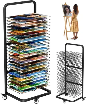 mocomax Art Drying Rack for Painting, Metal Paint Drying Stand with 25 Removable Shelves, Movable Paint Drying Rack with Lockable Wheels, Art Canvas Storage Rack for Classrooms & Art Studios, Black