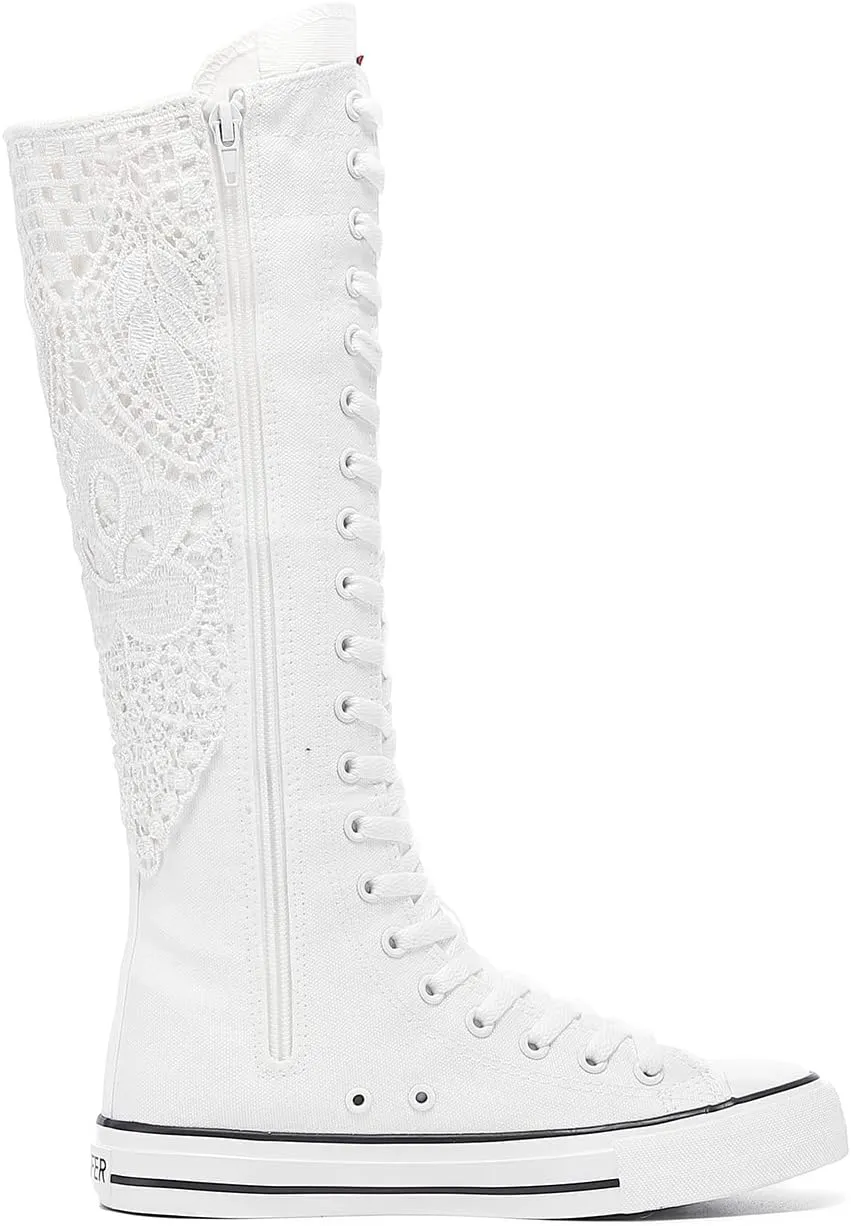 Momuk Women's Knee High Lace Up Zip Fashion Dancing Canvas Boots