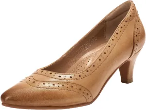 Mona flying Women's Leather Pointed Toe Vintage Brogue Pumps Slip On Mid Heels Dress Shoes for Ladies