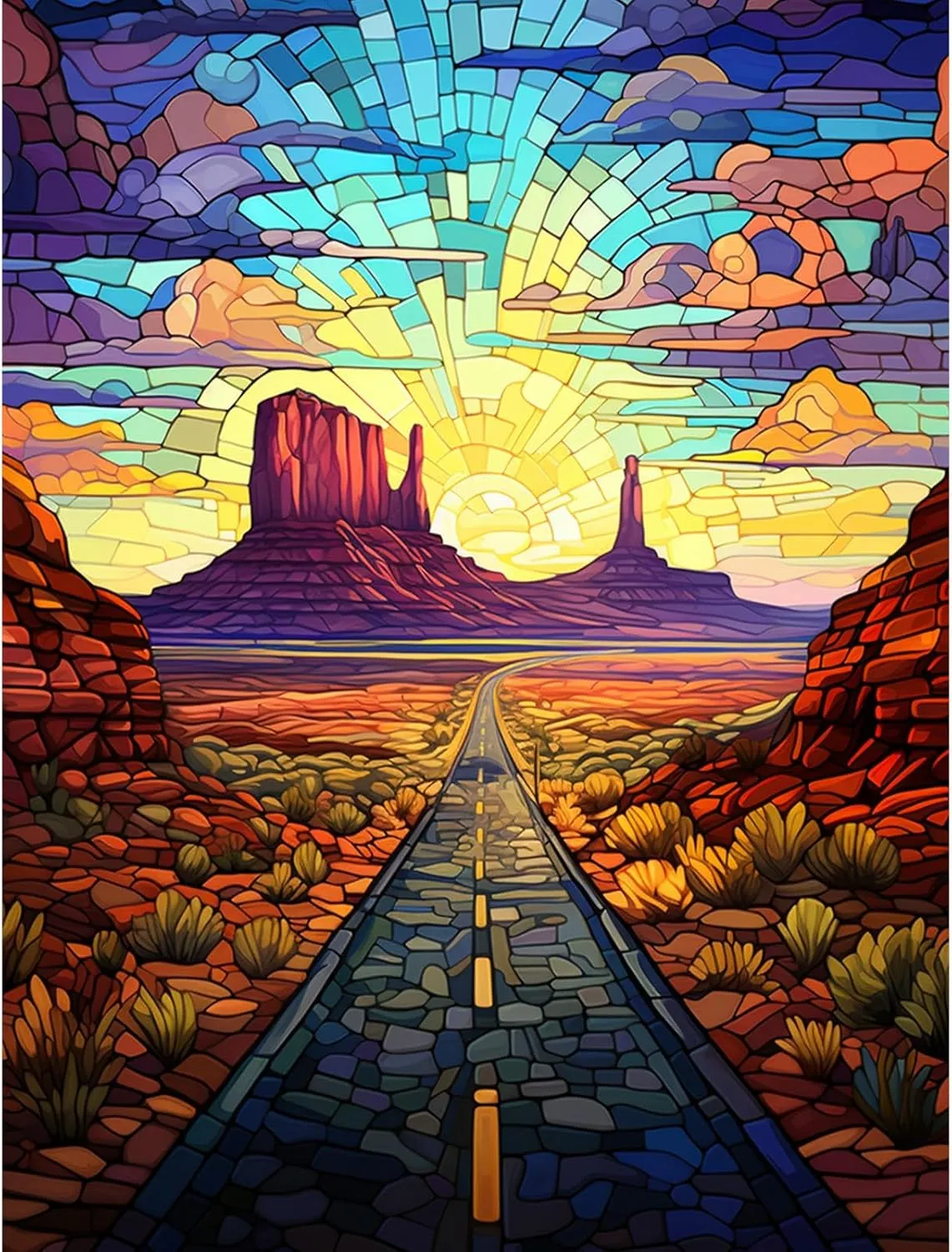 Mountain Desert Diamond Painting Succulent Plant Artwork Scenic Road Monument Valleys Wall Art 5D DIY Full Drill Crystal Art 16''Wx 12''H USA Landscape Diamond Art for Adult Home Decor(DIY Frame)