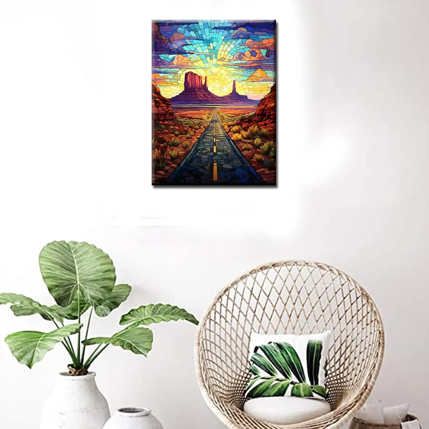 Mountain Desert Diamond Painting Succulent Plant Artwork Scenic Road Monument Valleys Wall Art 5D DIY Full Drill Crystal Art 16''Wx 12''H USA Landscape Diamond Art for Adult Home Decor(DIY Frame)