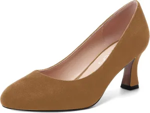 MOVINSTEPS Womens Cute Slip On Solid Round Toe Suede Dating Spool Mid Heel Pumps Shoes 2.5 Inch